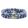 Blue marble texture beaded bracelet with silver Buddha head and engraved metal tube - White Dot Blue Set 2
