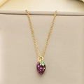 Detail shot of a purple grape pendant with green enamel leaf on a gold-plated chain necklace - Dark Purple Grape (KN292096-Z)