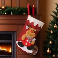 Red burlap Christmas stocking featuring a 3D reindeer with plaid details for home hanging - Elk Style