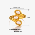 Golden stainless steel adjustable ring featuring three elegant oval white pearls inlay - Gold Pearl Ring
