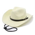 Classic cream woven straw cowboy hat with black leather band and adjustable chin strap - M (56-58cm) / Creamy White