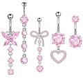5-piece silver belly button ring set with pink zircon featuring butterfly and heart charms - Pink 5-Piece Set