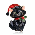Christmas black cat enamel brooch with red Santa hat and holly leaf details - xz4557B Black Cat