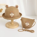 Detailed view of straw hat and bag set with cute bear embroidery and 3D ears - 48-52cm / Straw Hat And Bag Set / Khaki