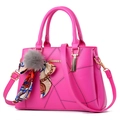 Fashionable rose red handbag with geometric stitching, silk scarf, and pompom charm - Rose Red