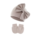 Detailed knit texture of pink baby hat with bow and anti-scratch mittens set - Milk Tea