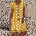Detail of yellow V-neck polka dot dress with hollow lace hem and short sleeves - S / Yellow