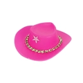 Miniature hot pink cowboy doll hat with green rhinestones and pink star accent - Pink Cowboy Hat With Cyan Rhinestone Chain