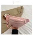 Pink nylon fanny pack with zipper and adjustable strap shown in a lifestyle setting - Pink