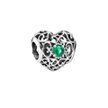 Perle de cœur argentée en filigrane ajouré avec un cristal vert pour bracelets - Mai / Vert