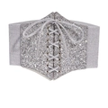 Sparkly silver sequin wide elastic corset belt with lace-up ties for dresses and shirts - Silver