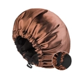 Adjustable satin sleep cap in coffee brown color with smooth glossy texture for hair care - Adjustable / Coffee + Black