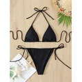 Flat lay of black triangle bikini set with straw hat and starfish for beach vacation vibes - S / Black