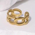 Gold cuban chain link open ring with textured and polished stainless steel details - Gold / Adjustable