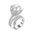 Elegant silver ring with a large white pearl and micro-pave crystals on white background - US 7 / White Gold