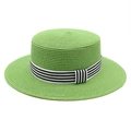 Flat top straw sun hat in grass green with black and white striped ribbon for beach - M (56-58cm) / Grass Green