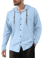 Detail of light blue cotton hoodie shirt featuring dark brown buttons and drawstring - Light Blue