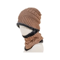 Macro shot of brown knit beanie and fleece neck warmer lining for winter warmth - One Size / Khaki