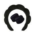 Black towel cloth spa headband and wristband set for face washing with twist design - Black Terry Headband + 2 Wristbands