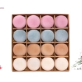 16-pack of 6cm flocked velvet Christmas balls in soft pastel tones in a grid gift box - Style Two (Pink Purple, Grey Blue, Tan, Beige White)