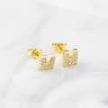 Elegant gold letter M stud earrings with shimmering white zircon stones for women - Letter M