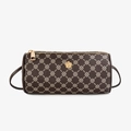Classic dark brown cylindrical barrel bag with monogram pattern and gold flower badge - Coffee