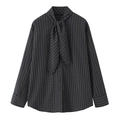 Camicia classica a quadri bianchi e neri a maniche lunghe con elegante fiocco sul collo - XS / Quadretti Grafite