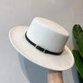 Classic white wool felt boater hat featuring a black faux leather belt and gold buckle - M (56-58cm) / White / Black Band