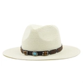 Close-up of woven straw fedora with brown leather band and turquoise stone detail - Milk White