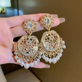 Golden chandelier earrings with white faux pearls and sparkling rhinestones - Style 88# S925 Silver Pin Gold Luxury Rhinestone Pearl Drops