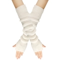 Detail of white long knitted arm warmers with thumb holes and ribbed texture - White