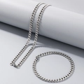 Silver stainless steel cuban chain link necklace and bracelet set in a polished finish - 5mm Silver / Bracelet 20CM