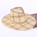 Classic checkered straw cowboy hat with decorative beige rope on a white background - Checkered / Beige