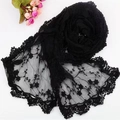 Black lace scarf featuring floral embroidery and delicate crochet lace trim detail - 8008 Lace Trim Style / Black