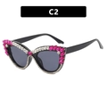 Cat eye sunglasses in black frame with pink and white rhinestones and dark grey lenses C2 - Purple Zirconia