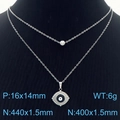 Double-layered silver stainless steel necklace featuring evil eye enamel pendant - Steel Black (KN283031-TJG)