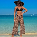 Three-piece swimwear set featuring a black halter bikini and leopard print wide-leg pants - S / Top And Bottom / Black + Leopard