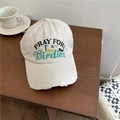 Beige washed baseball cap with PRAY FOR Birdies embroidery and distressed detailing - Adjustable / Beige Khaki