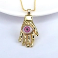 Golden Hamsa Hand necklace with pink Evil Eye resin pendant on a delicate beaded chain - Pink