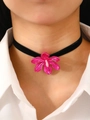 Retro velvet choker necklace with a large vibrant pink 3D orchid flower pendant - Rose Red Flower Choker (4514)