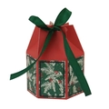 Caja de regalo de Navidad roja con motivos de bayas de pino y lazo de cinta verde - Yurta mongola roja - fondo verde
