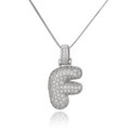 Macro detail of silver F-letter pendant with pavé cubic zirconia on a box chain - Letter F (DX34-F)