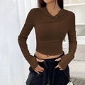 Dunkelbrauner, figurbetonter gerippter Kapuzenpullover mit V-Ausschnitt für Damen - S / Braun