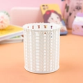 White cylindrical desk organizer with hollow woven texture for pens and office storage - Blank White