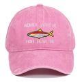 Close-up of pink washed cotton baseball cap with Fish Fear Me embroidery and texture - Pink