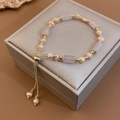 Pink faux strawberry quartz and pearl bracelet with adjustable golden closure - Real Gold Plated Bamboo Pearl Bracelet-Pink