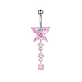 Silver belly button ring with pink zircon butterfly design and hanging gemstone charms - Pink Butterfly