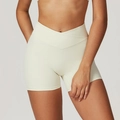 Eco-friendly beige high-waisted yoga shorts with V-cross waist and slimming fit - S / Cream Apricot