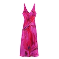 Elegant fuchsia floral satin maxi dress with V-neck and halter backless design - XS / Printed