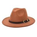 Detail of camel wool fedora hat with brown leather belt and gold textured buckle - M (56-58cm) / Khaki